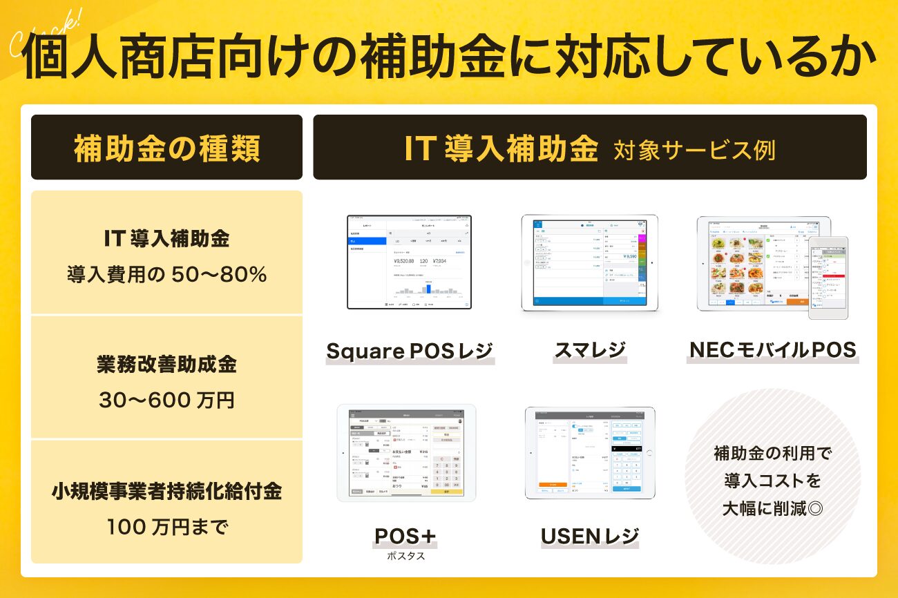 個人商店・個人事業主におすすめのレジの選び方：個人商店向けの補助金に対応しているか