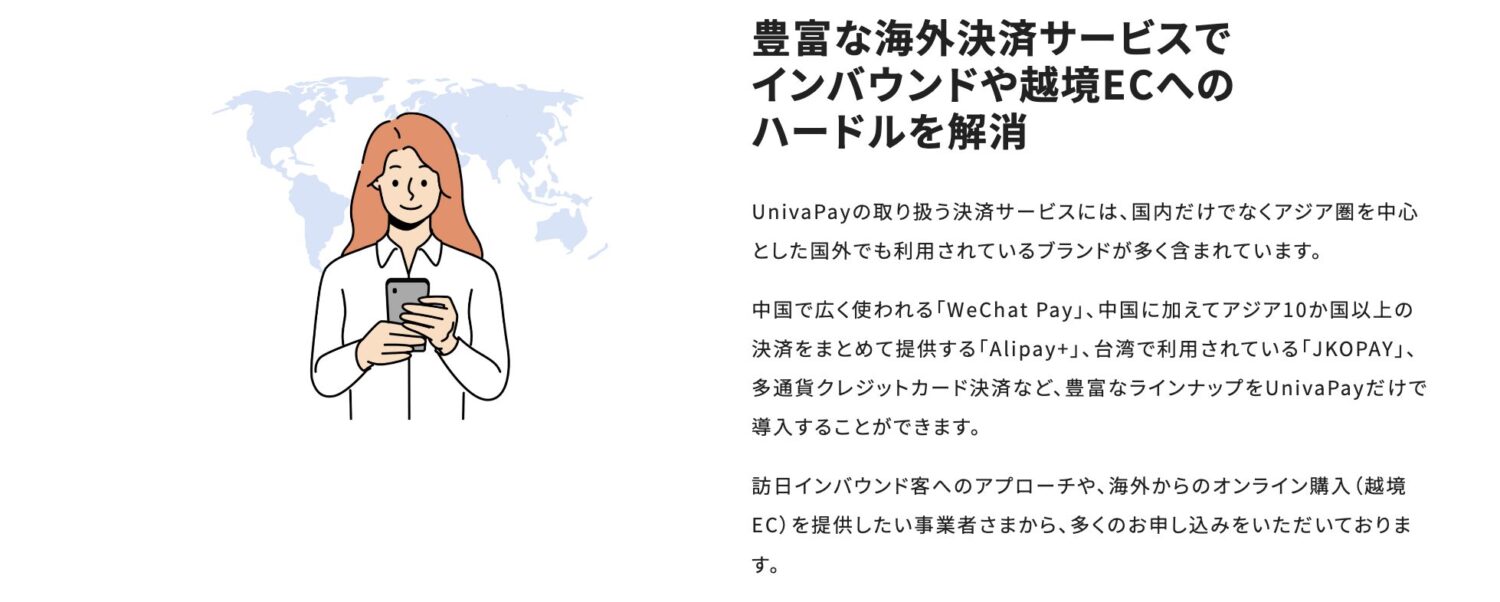 Visa・Mastercard・JCBといった国際ブランドはもちろん、各国のローカル決済手段まで統合可能