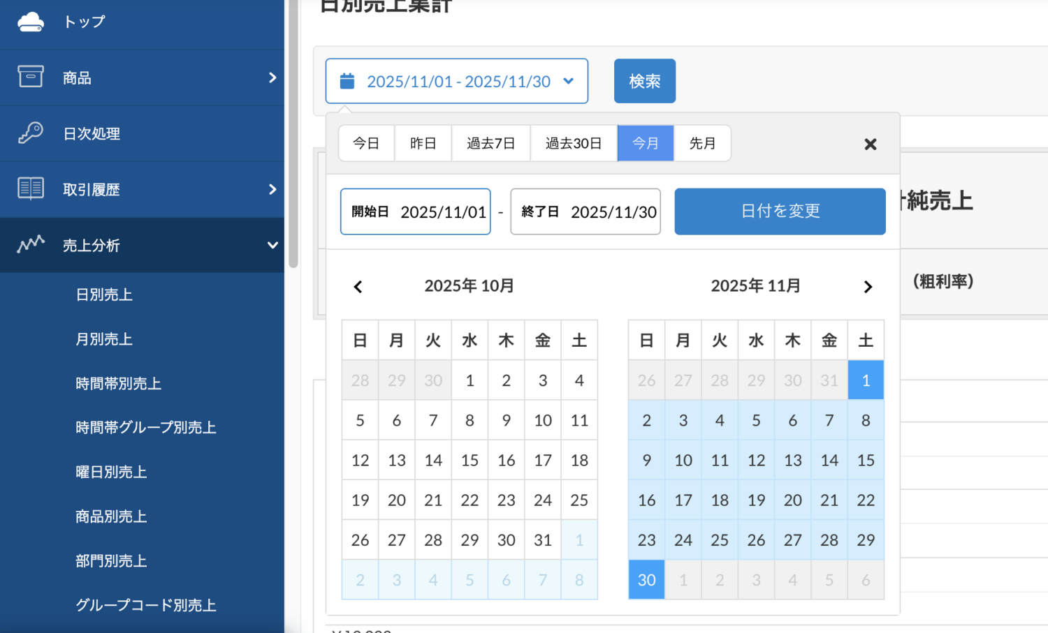 左上のカレンダーから分析したい日を選択