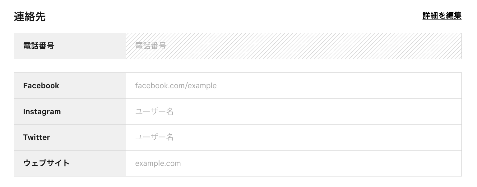 「連絡先」では電話番号以外の連絡先情報を記載
