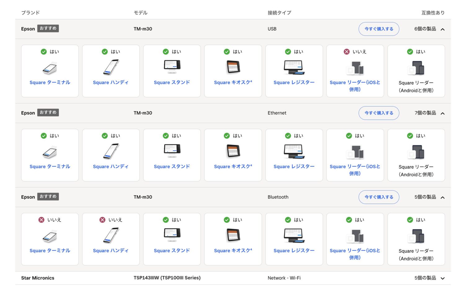 Squareと接続可能なプリンターの種類