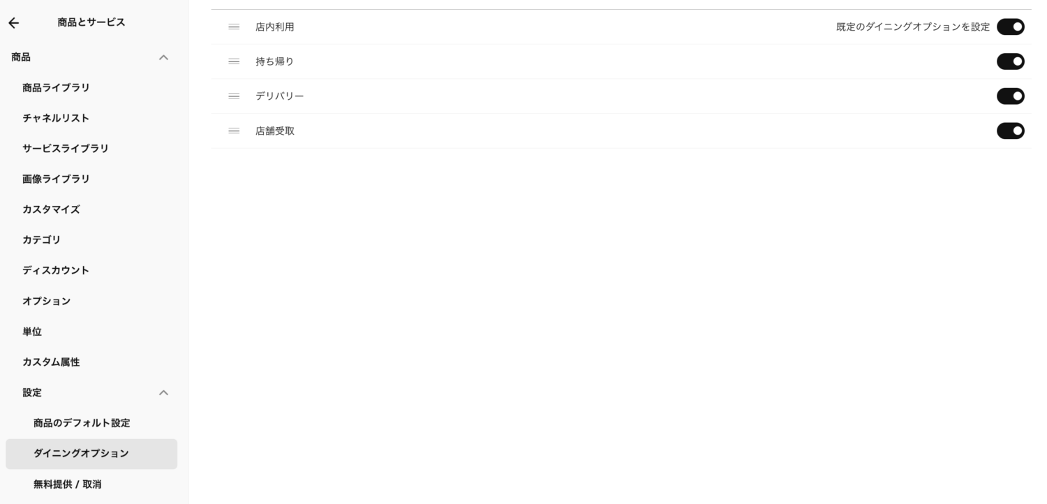 Squareデータの「商品」から「設定」、「ダイニングオプション」へと進み、ダイニングオプションの設定