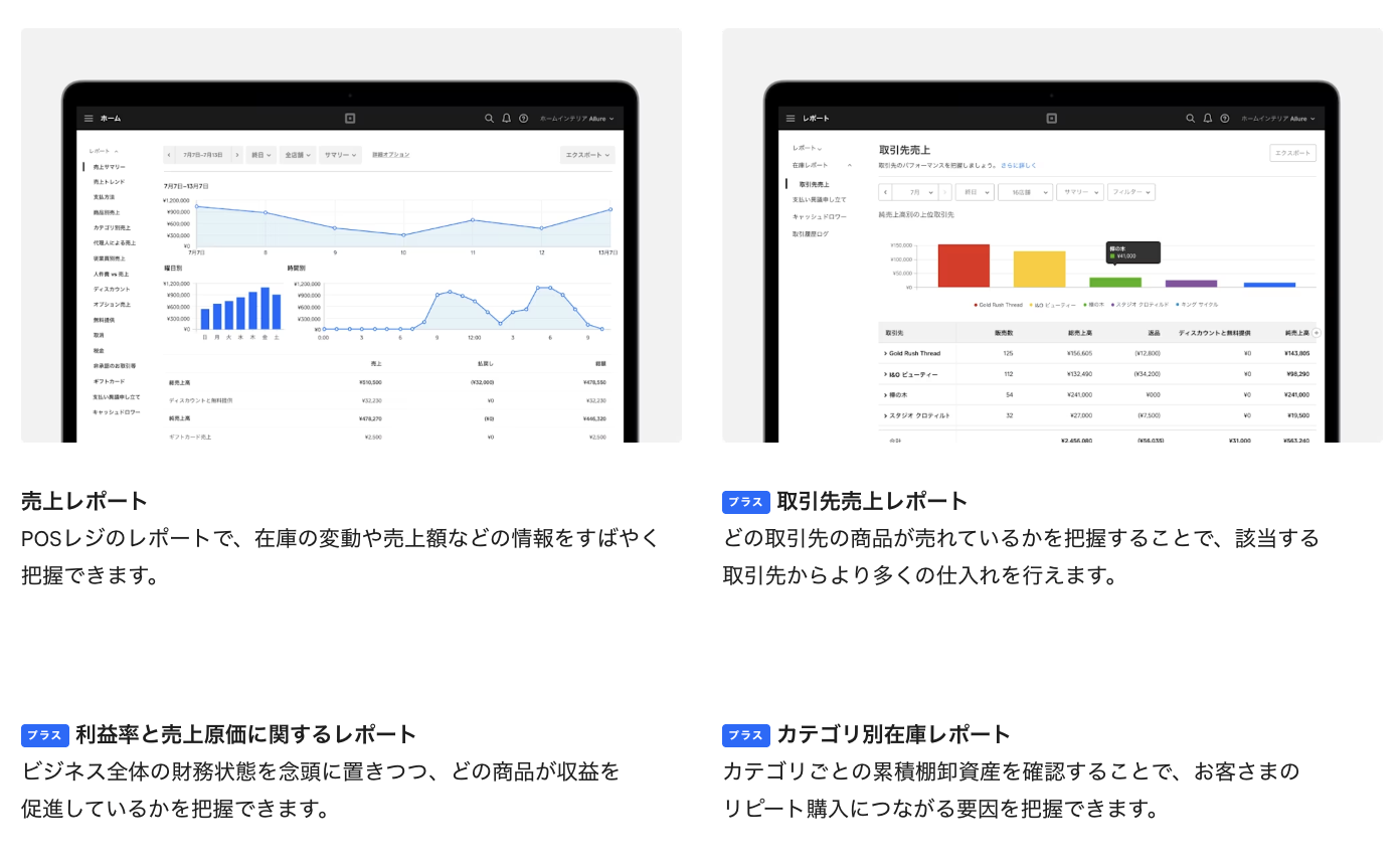 SquareリテールPOSレジでは、売上レポートだけでなく利益率レポートや取引先別売上レポート、売上原価レポート、カテゴリ別在庫レポートなどが確認