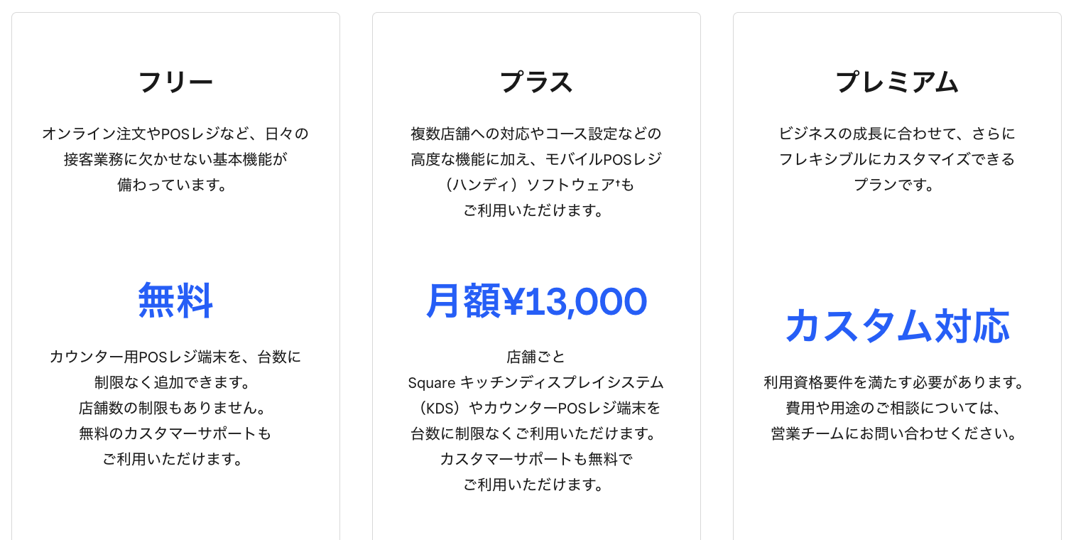 Square 飲食業 POSレジの料金プラン
