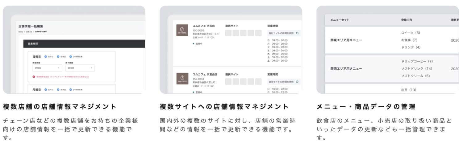 複数店舗の情報一括更新や様々なサイトに掲載された自店の情報を横断的に編集