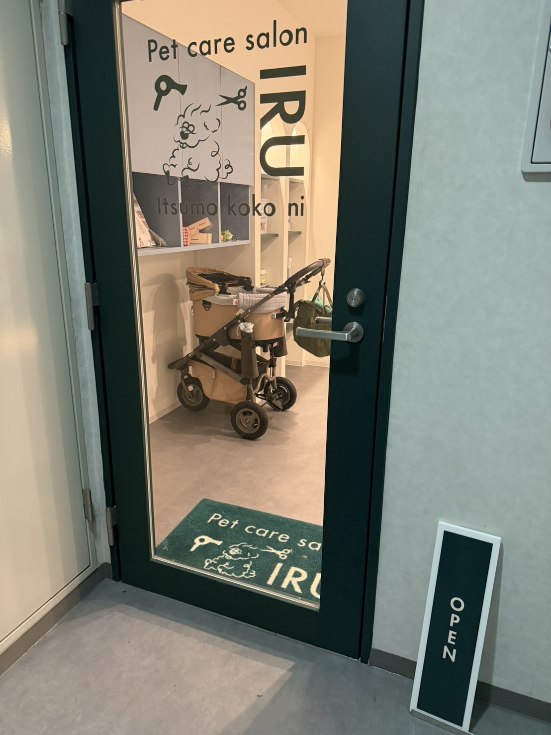 PETSALON IRUの店舗入口のドア