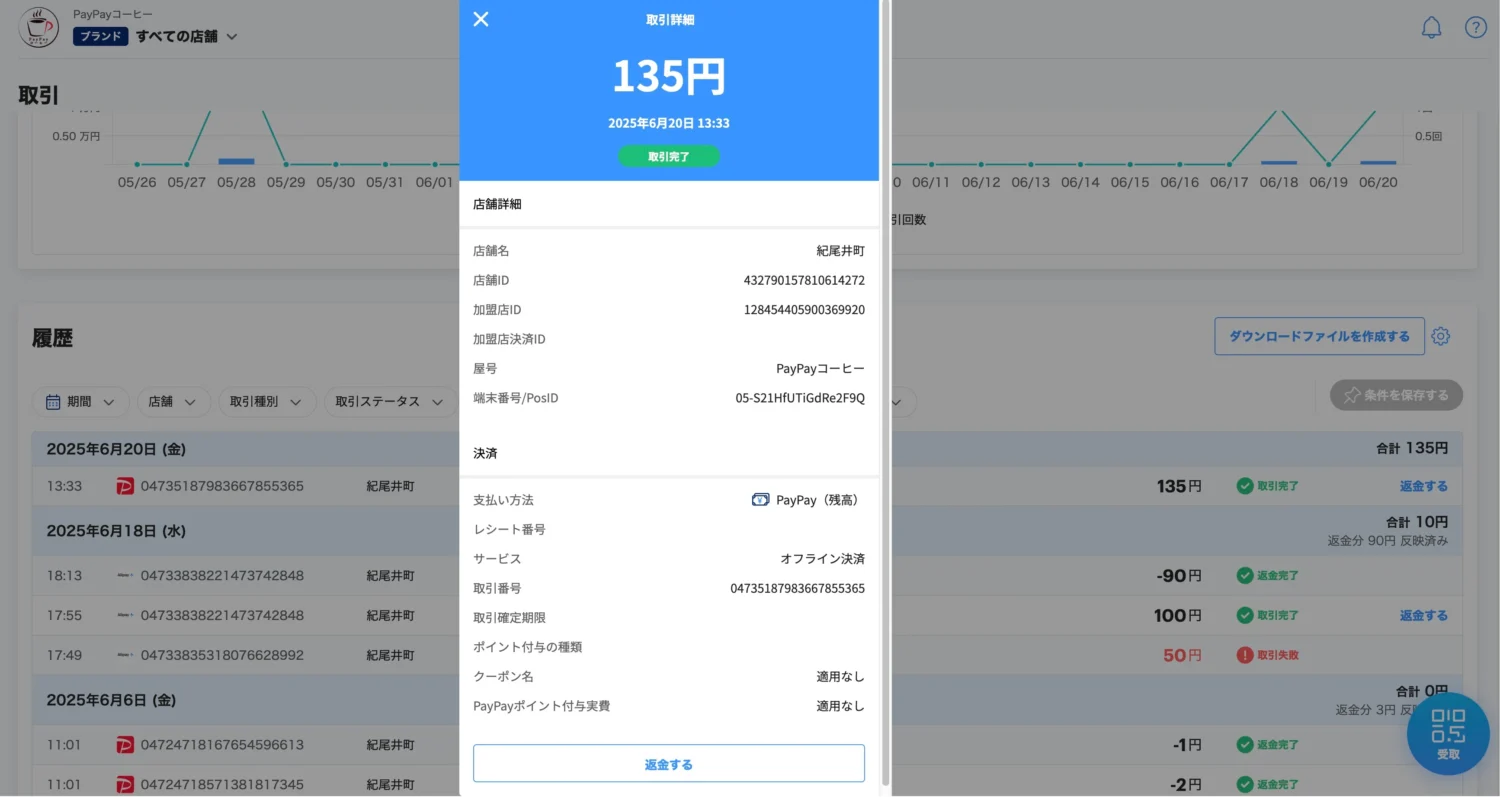 PayPay for Businessの取引一覧から返金対象の取引を選択の上、全額返金か一部返金かを指定