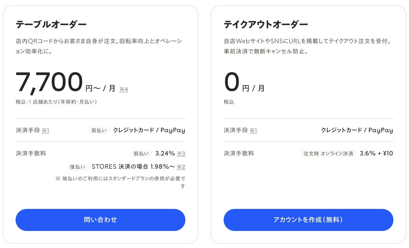 STORESのモバイルオーダーの料金プラン